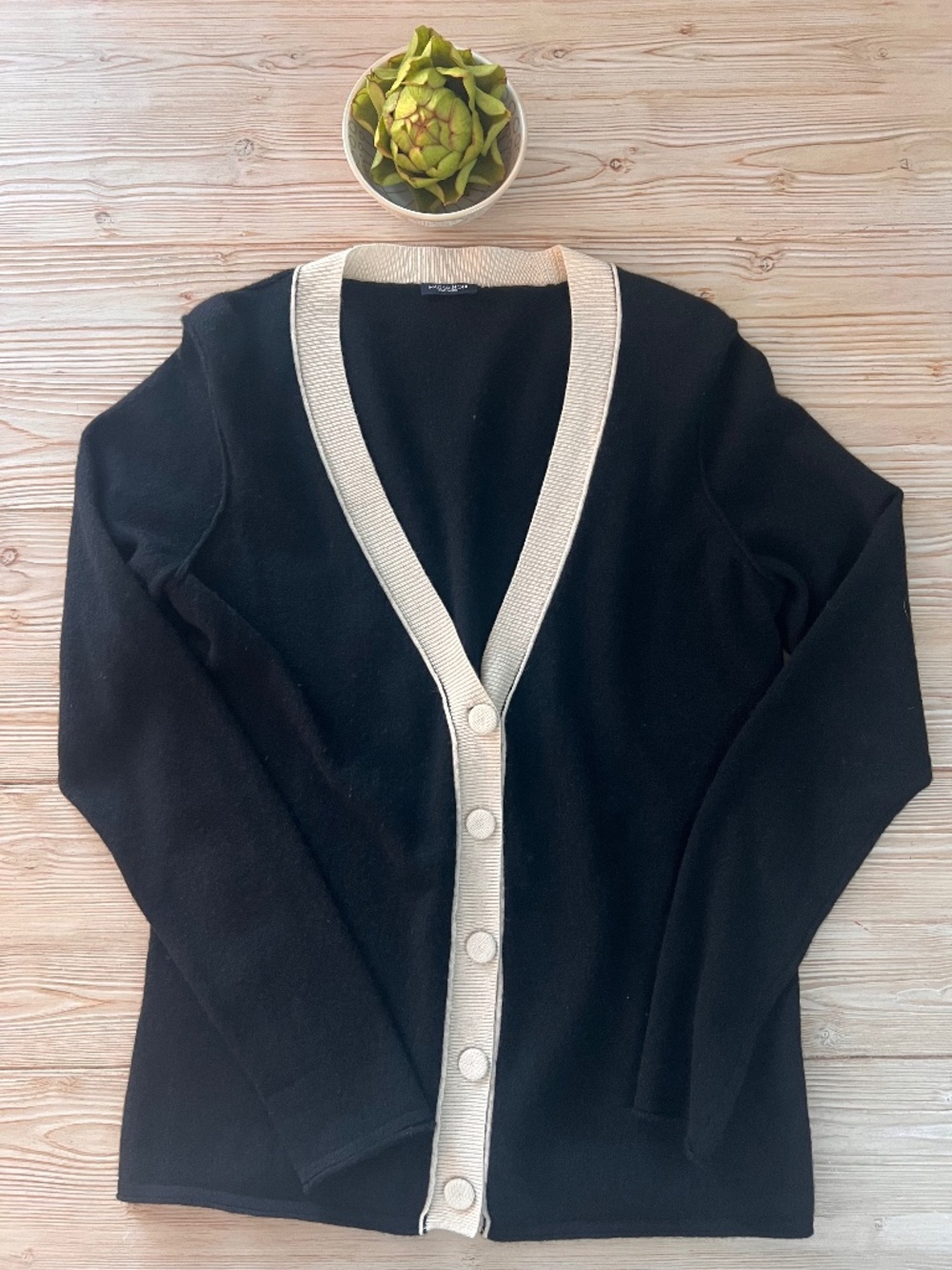 Magaschoni Black Cashmere Cardigan Ivory Trim Small